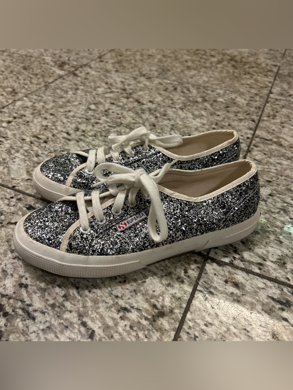 Superga Silver Glitter Low-Top Sneakers with Cream Trim
